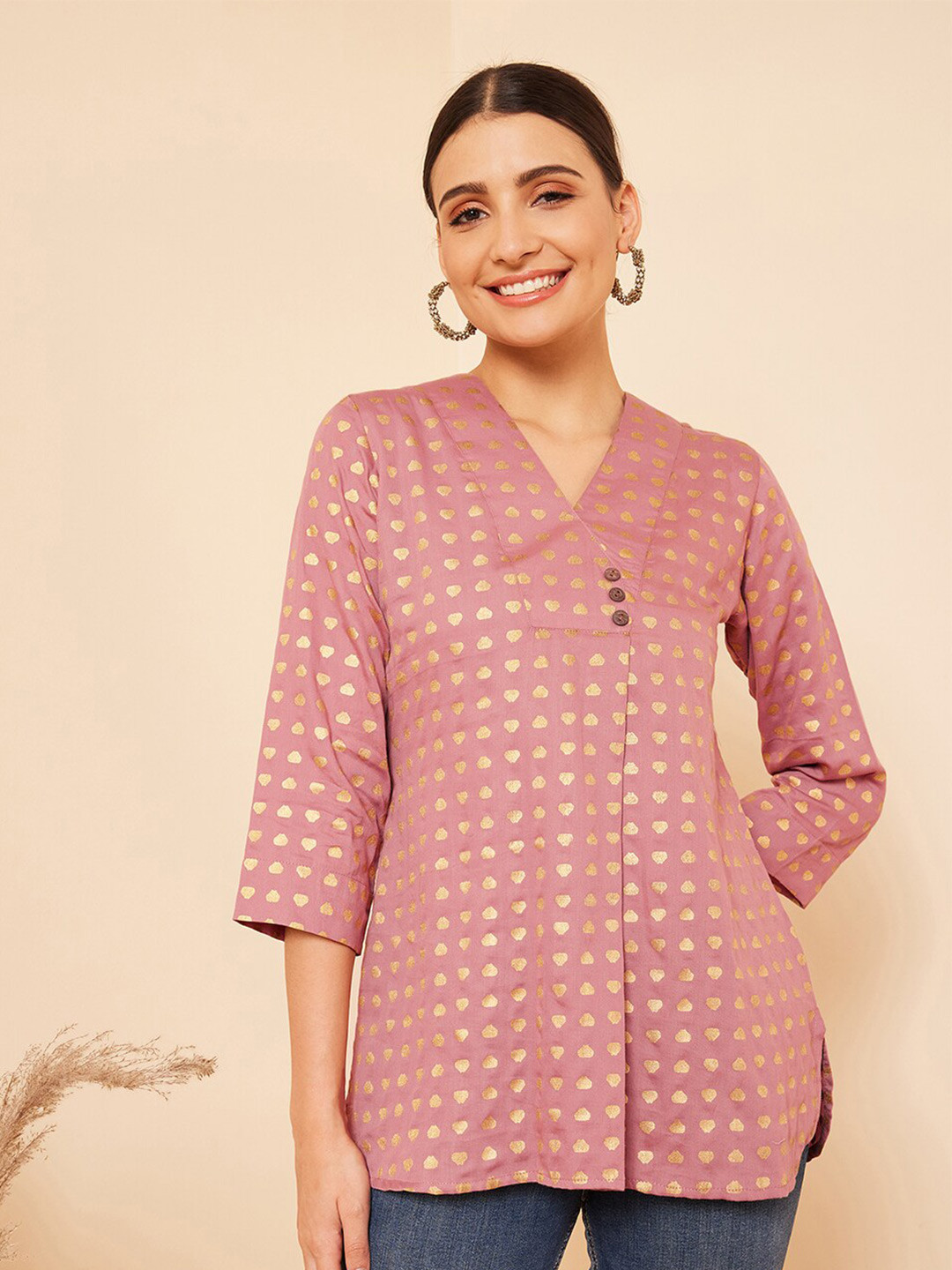 

STADO Geometric Print V-Neck Cotton Top, Fuchsia