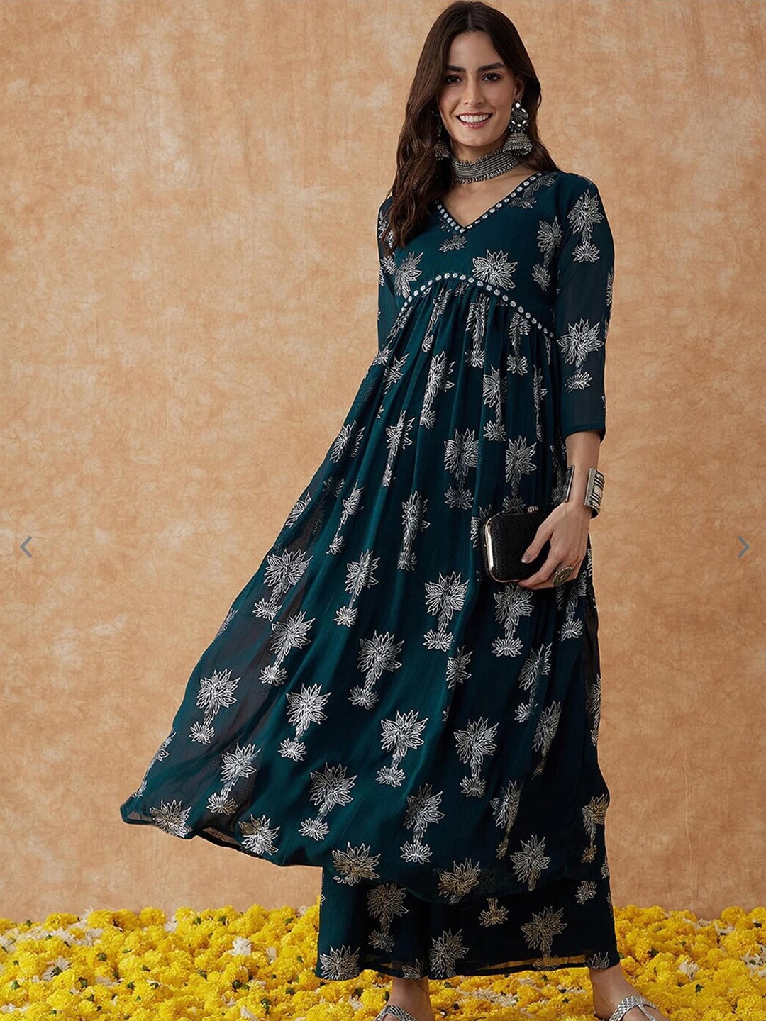 

KALINI V Neck Floral Printed Pleated Anarkali Kurta with Palazzo, Blue