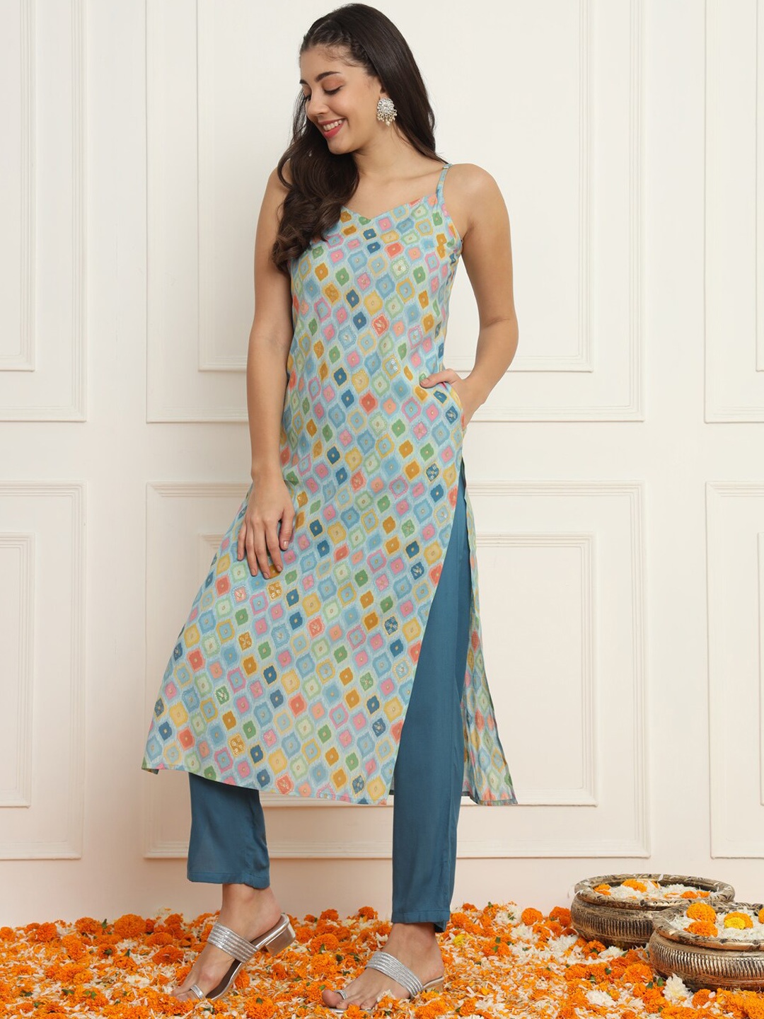 

Meeranshi Shoulder Straps Sleeveless Ethnic Motifs Printed Pure Silk Kurta with Trouser, Blue