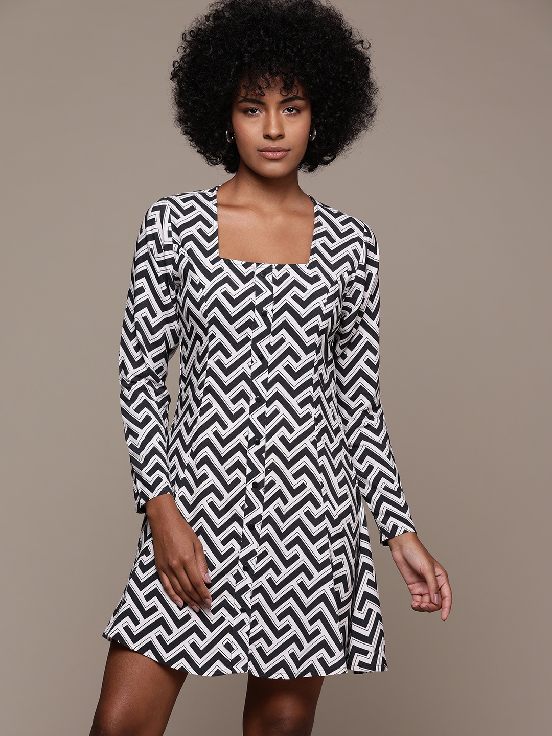 

Roadster Geometric Print A-Line Mini Dress, Black