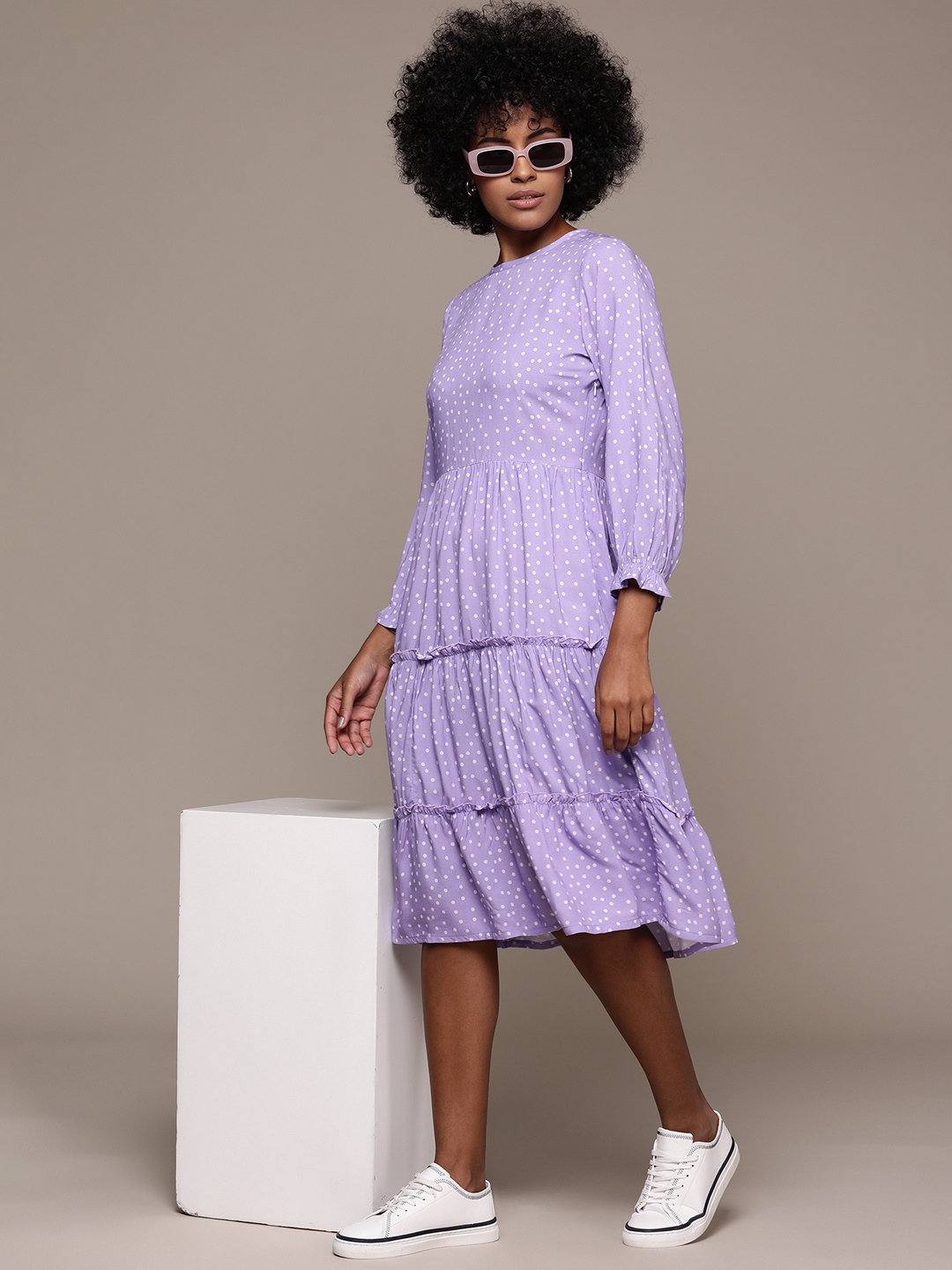 

Roadster Polka Dot Print Bishop Sleeve A-Line Dress, Lavender