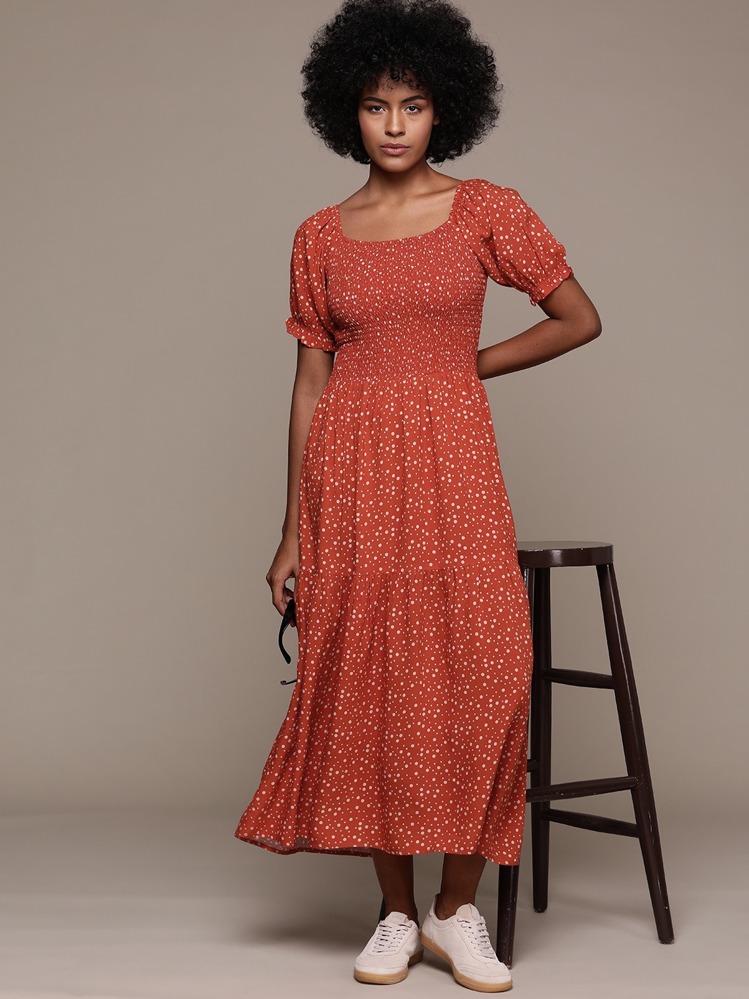 

Roadster Abstract Print Puff Sleeve A-Line Midi Dress, Red