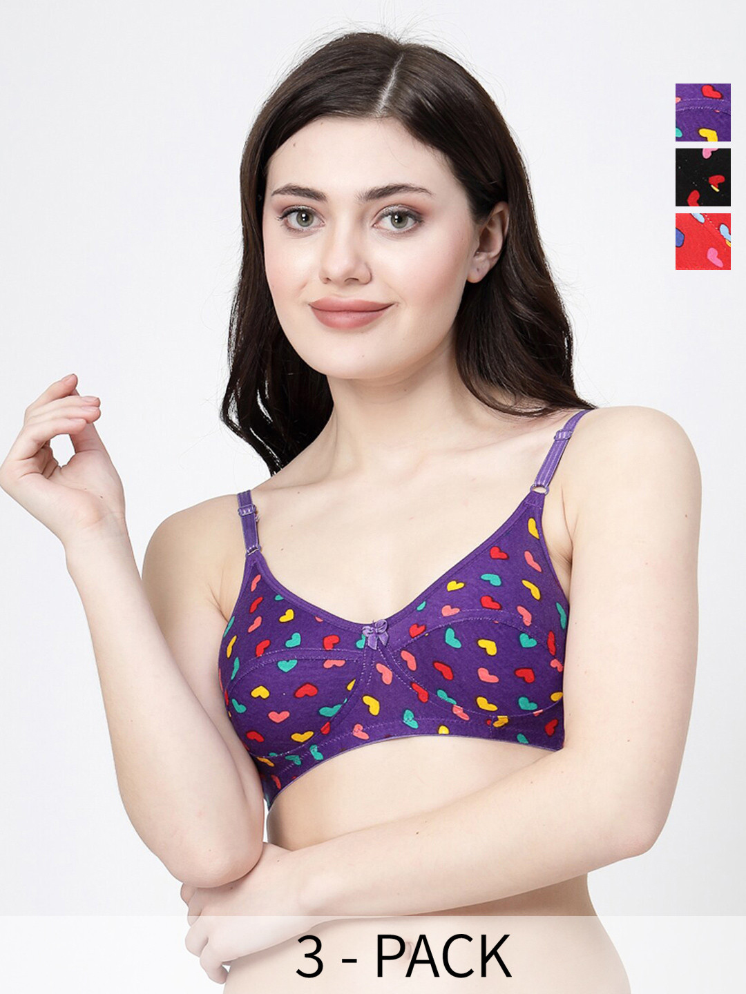 

Docare Pack Of 3 Full Coverage Printed Cut and Sew Everyday Bra With All Day Comfort, Purple