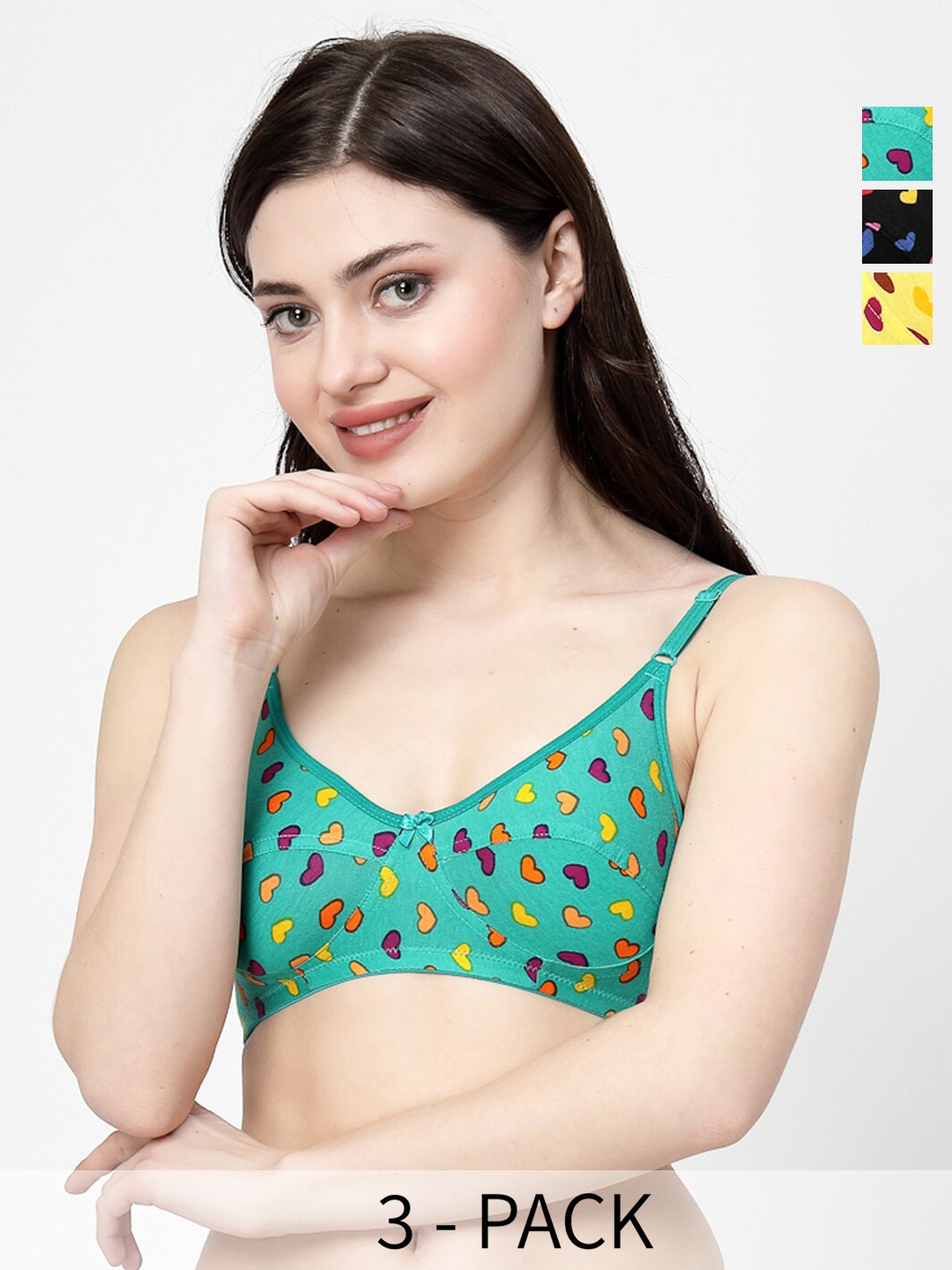 

Docare Pack Of 3 Full Coverage Printed Cut and Sew Everyday Bra With All Day Comfort, Yellow