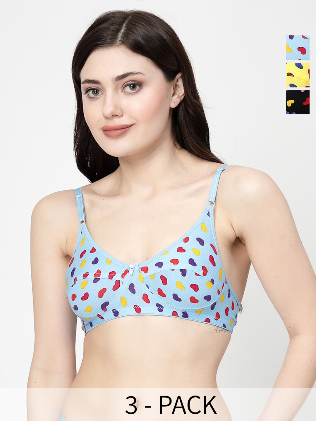 

Docare Pack Of 3 Full Coverage Printed Cut and Sew Everyday Bra With All Day Comfort, Yellow