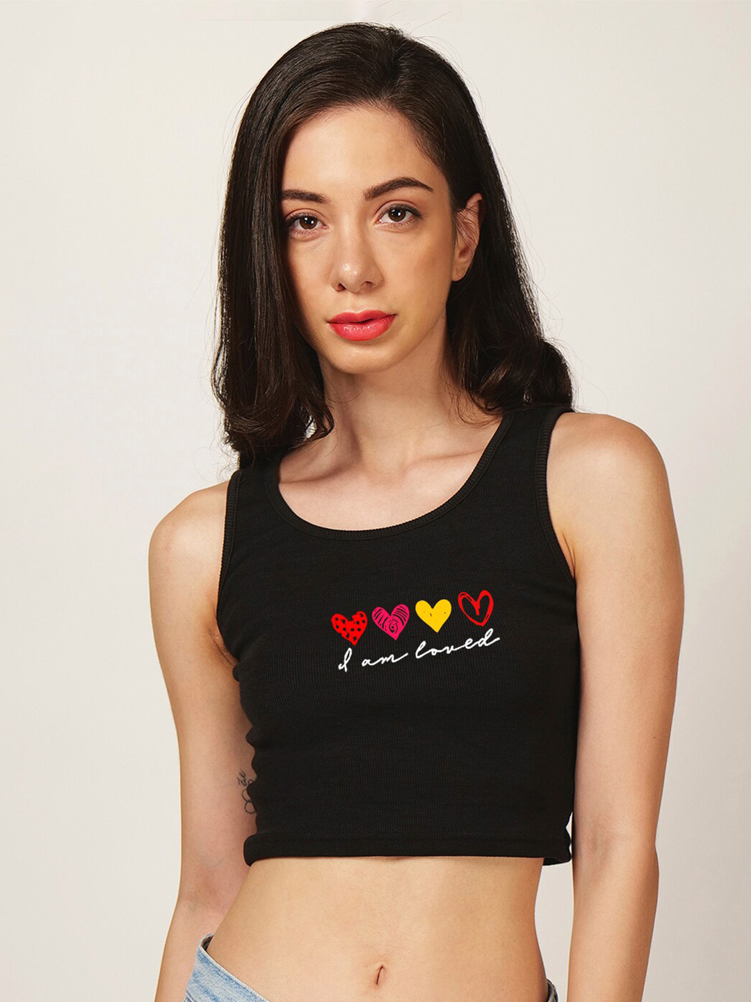 

Fashion And Youth Graphic Printed Round Neck Tank Crop Top, Black