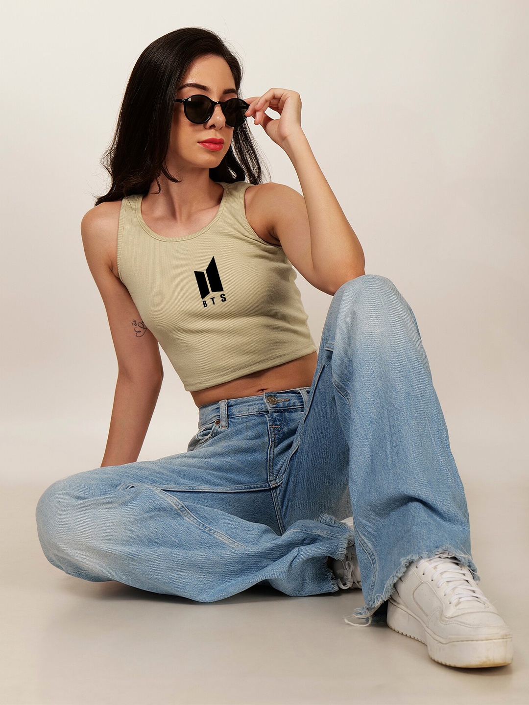 

Fashion And Youth Round Neck BTS Printed Rib Tank Top, Beige
