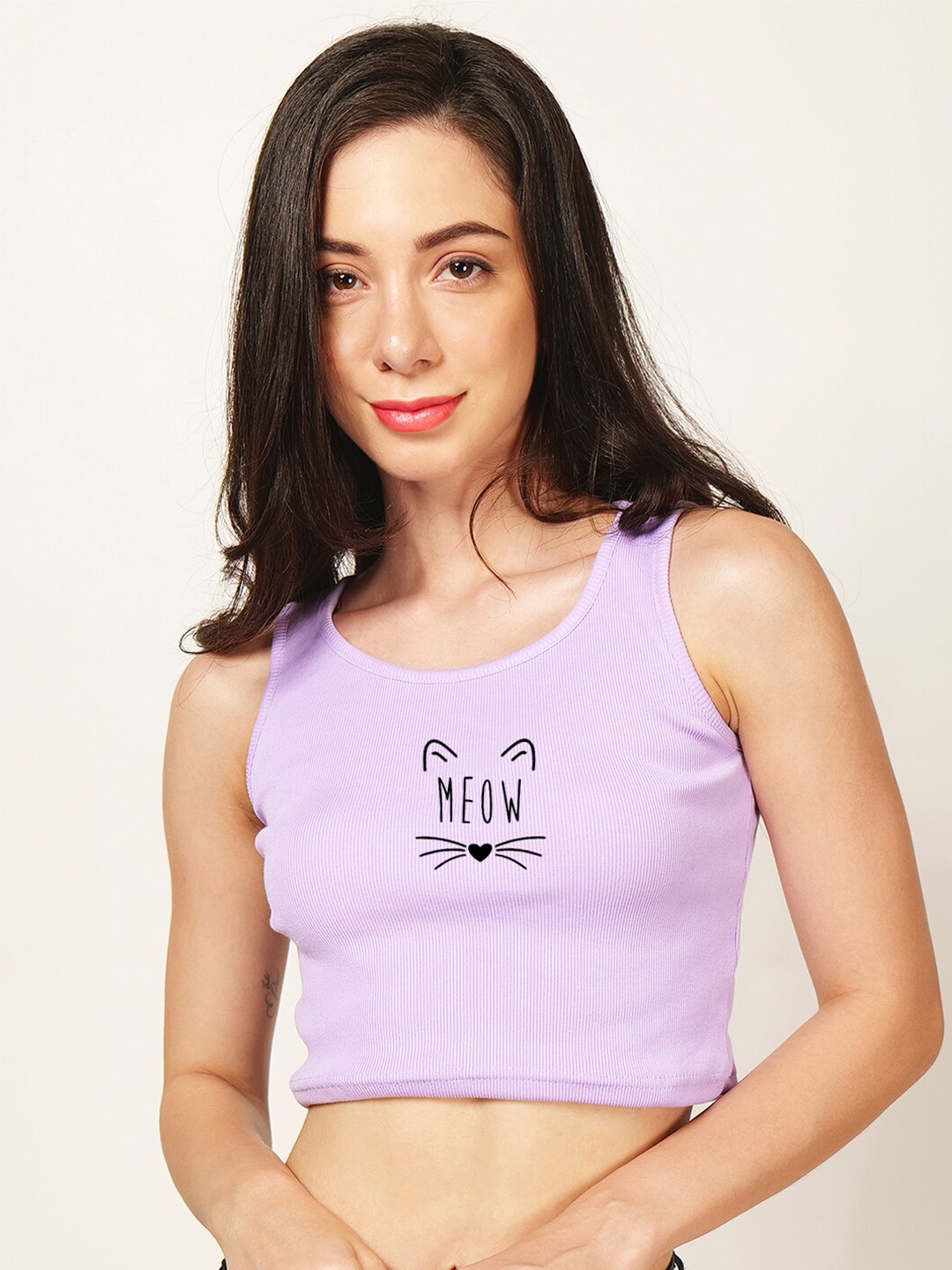

Fashion And Youth Typography Printed Round Neck Cotton Tank Crop Top, Lavender