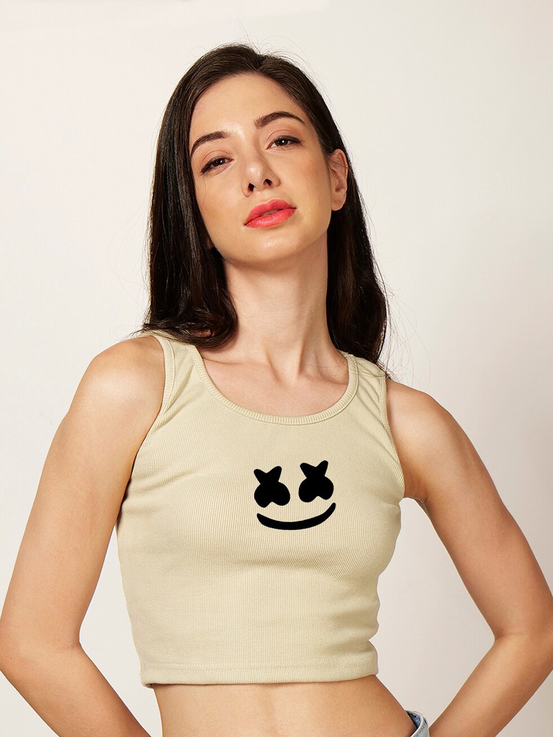 

Fashion And Youth Printed Sleeveless Tank Crop Top, Beige