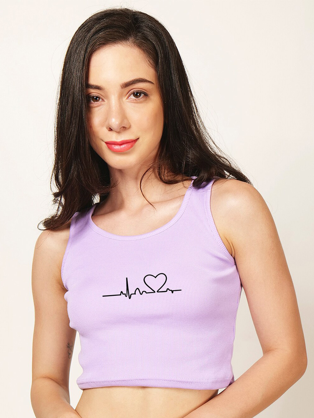 

Fashion And Youth Graphic Printed Round Neck Fitted Crop Top, Lavender
