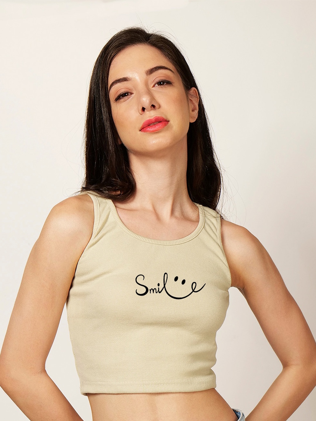 

Fashion And Youth Typography Printed Ribbed Fitted Crop Top, Beige