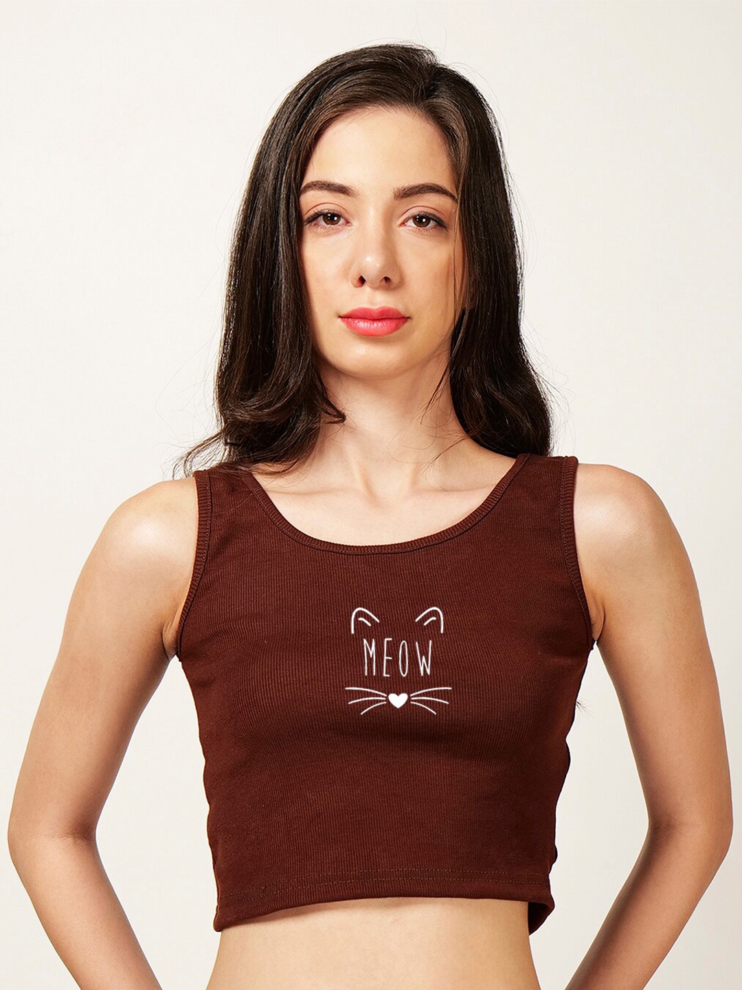 

Fashion And Youth Graphic Printed Round Neck Sleeveless Cotton Crop Top, Coffee brown