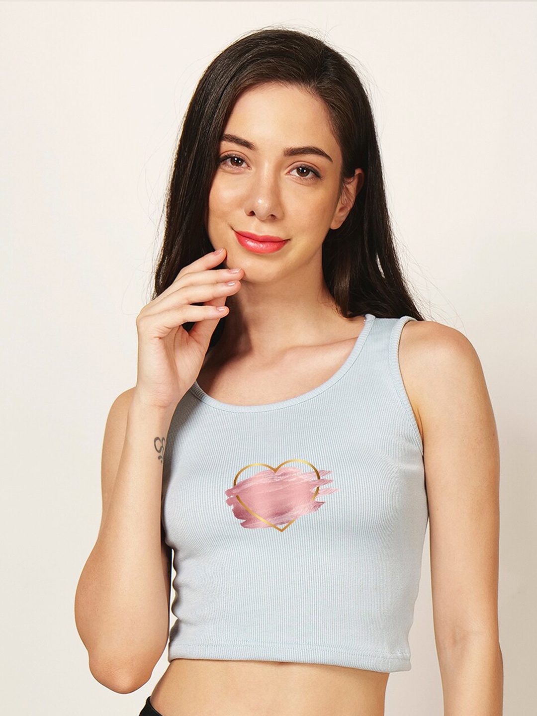 

Fashion And Youth Printed Round Neck Sleeveless Styled Back Crop Top, Turquoise blue