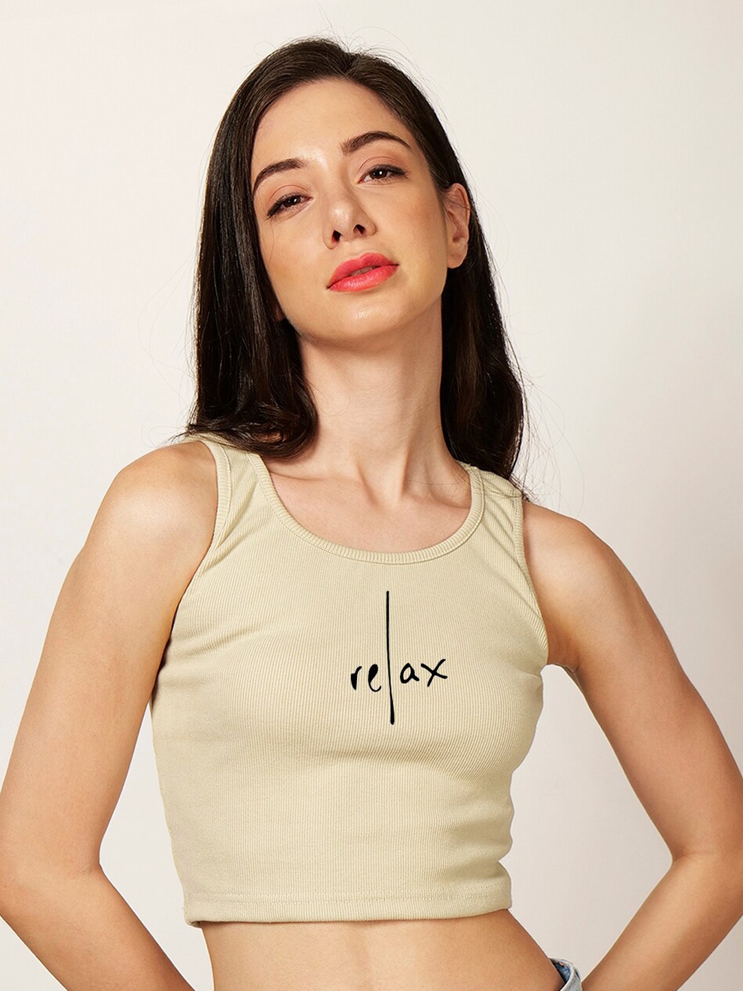 

Fashion And Youth Typography Printed Cotton Fitted Crop Top, Beige
