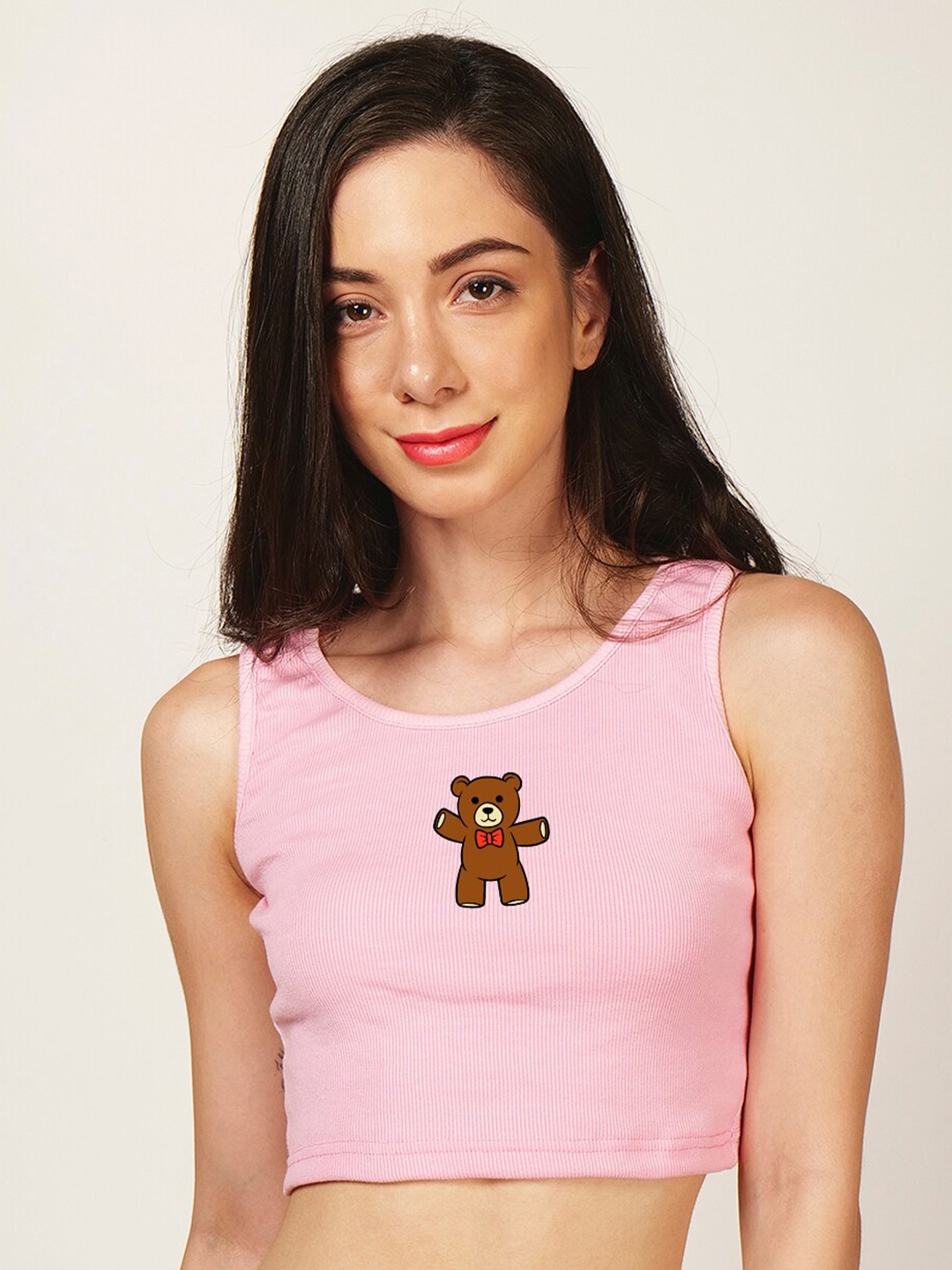 

Fashion And Youth Teddy Printed Cotton Fitted Crop Top, Pink