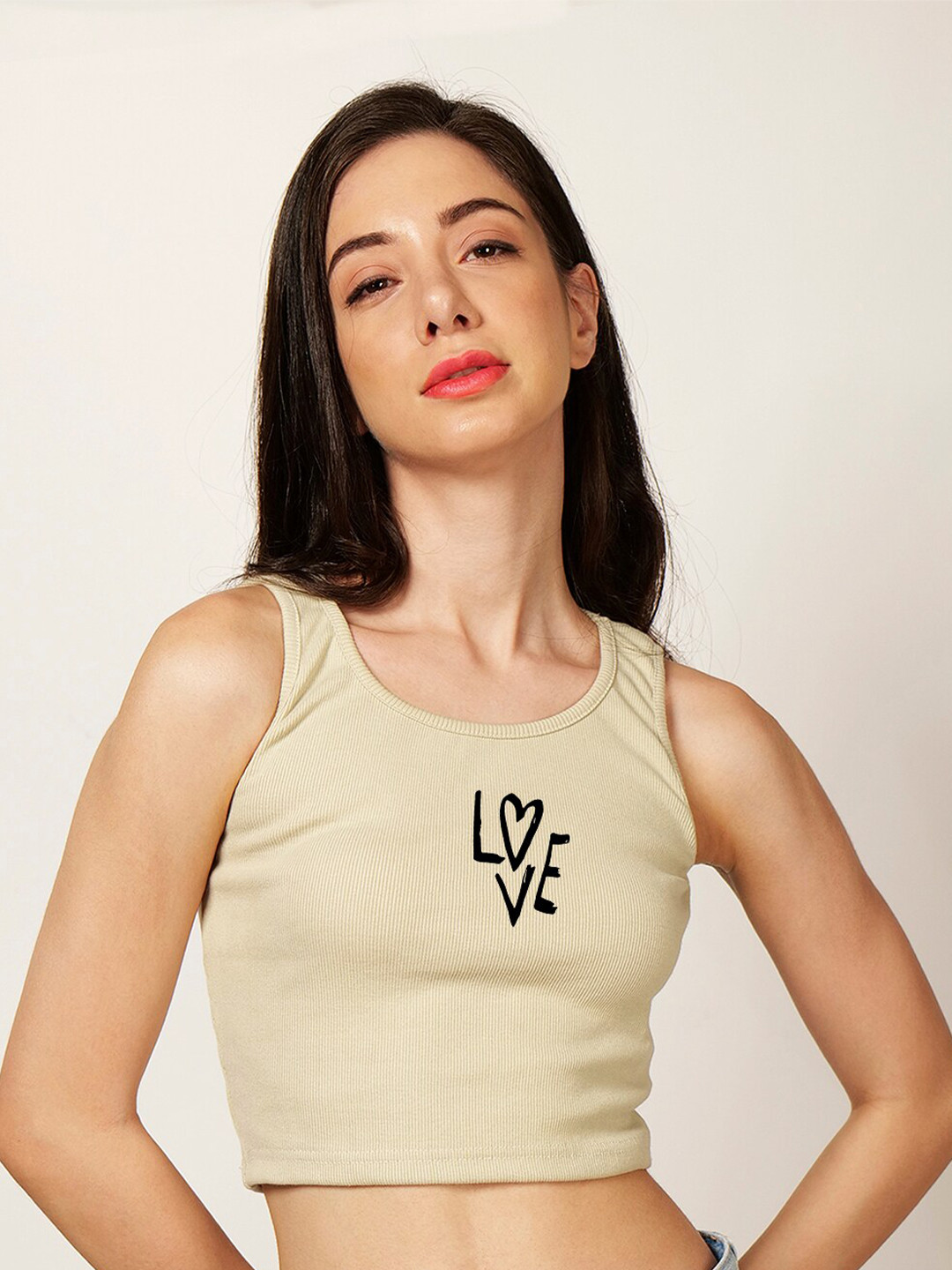 

Fashion And Youth Typography Printed Tank Crop Top, Beige