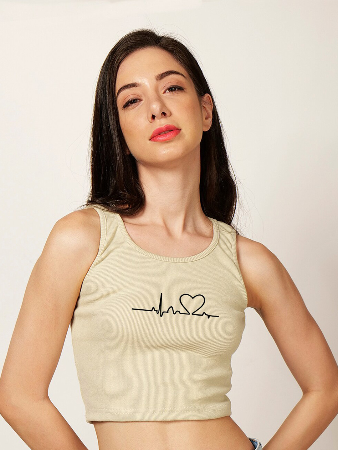 

Fashion And Youth Printed Crop Tank Top, Beige