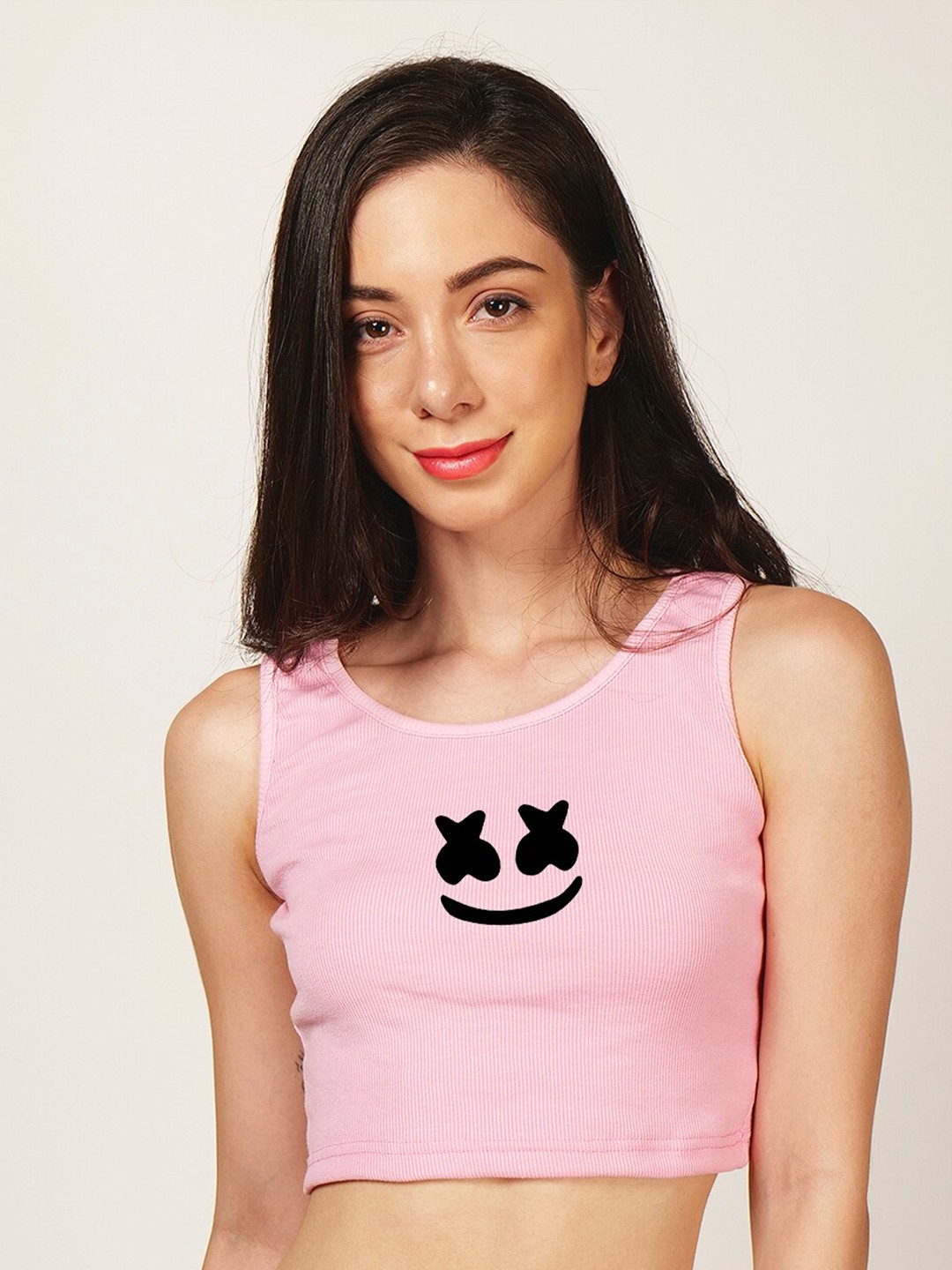 

Fashion And Youth Graphic Printed Round Neck Sleeveless Cotton Crop Top, Pink