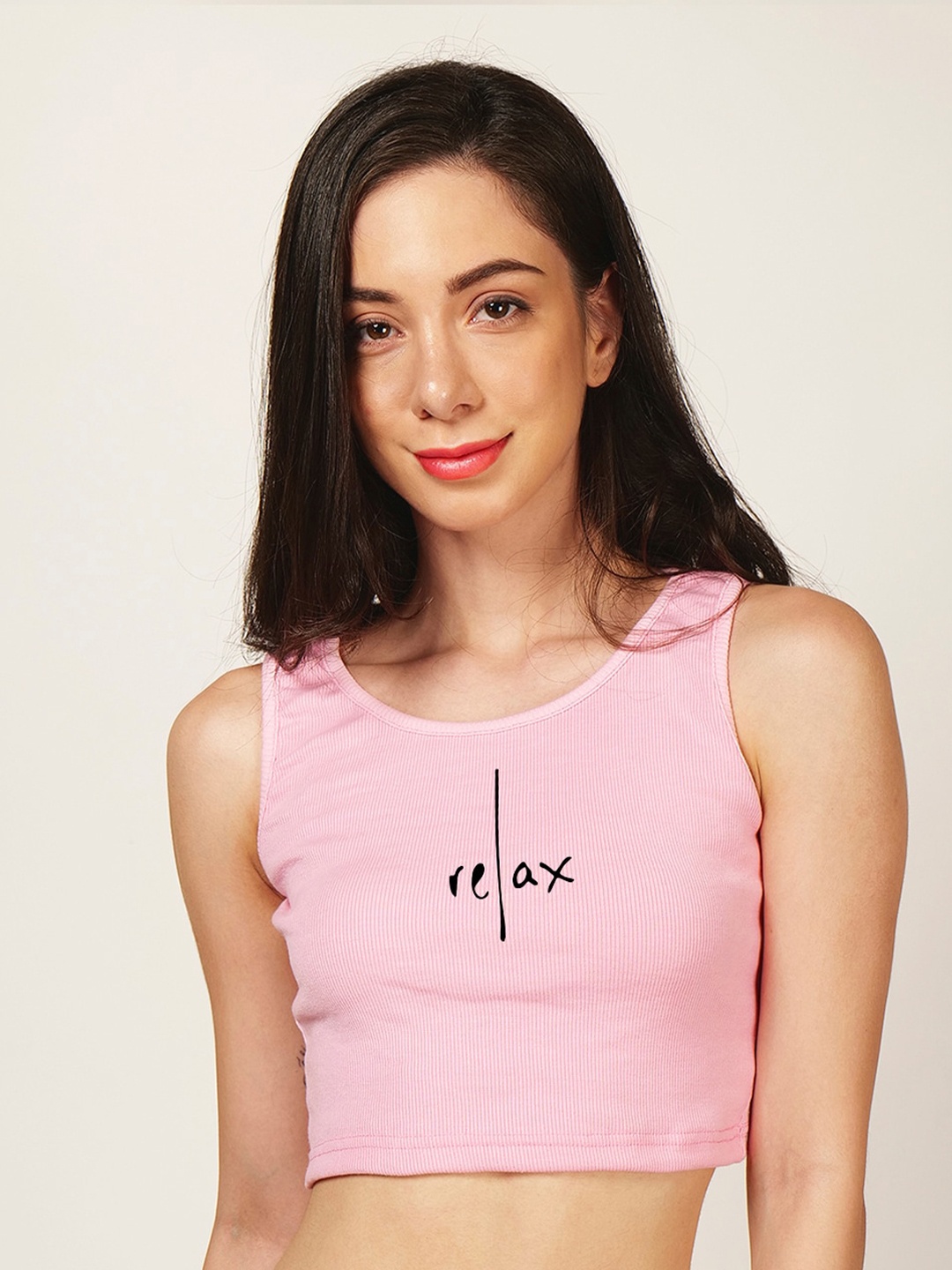 

Fashion And Youth Typography Printed Cotton Fitted Crop Top, Pink