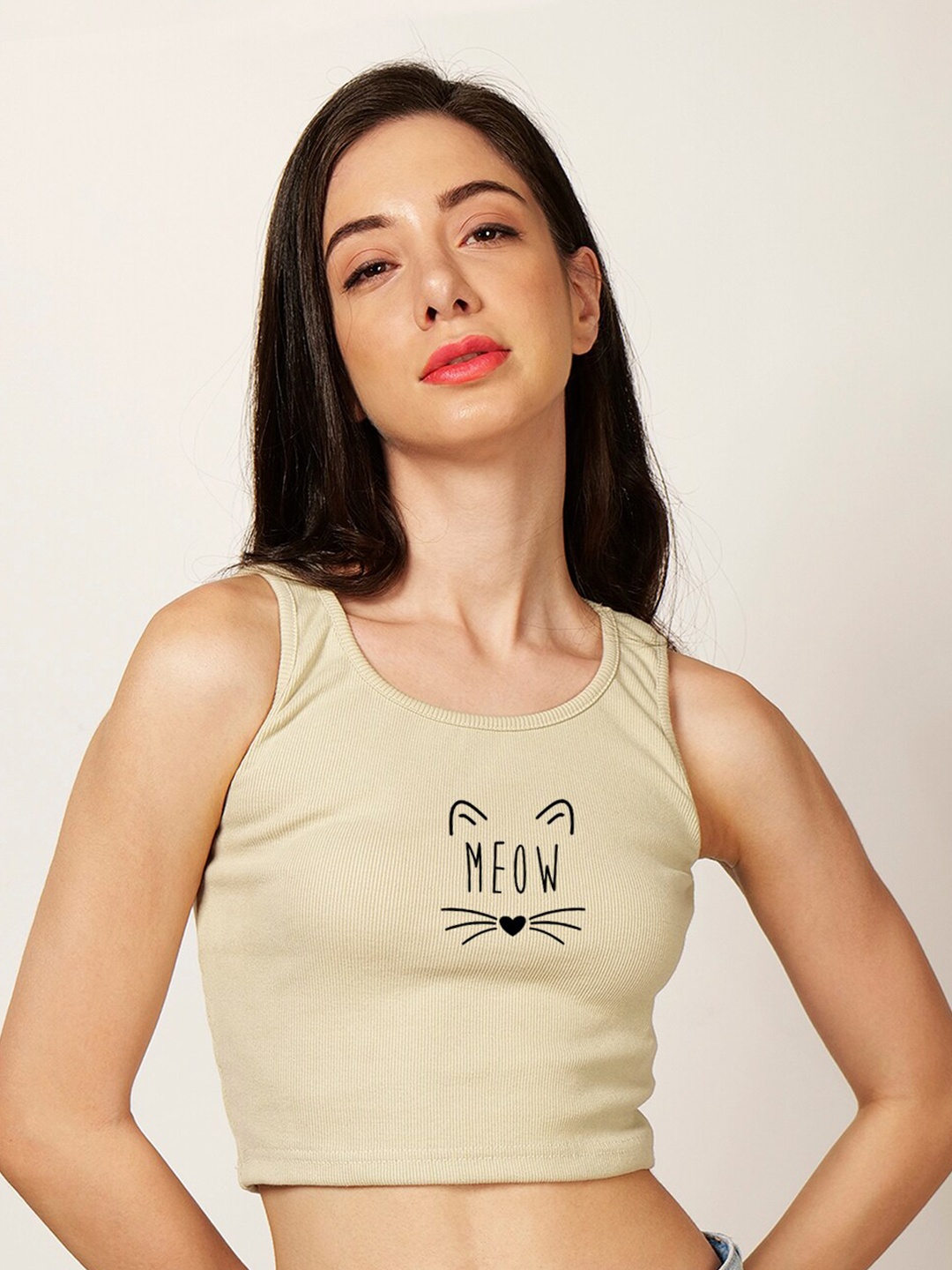 

Fashion And Youth Typography Printed Tank Crop Top, Beige