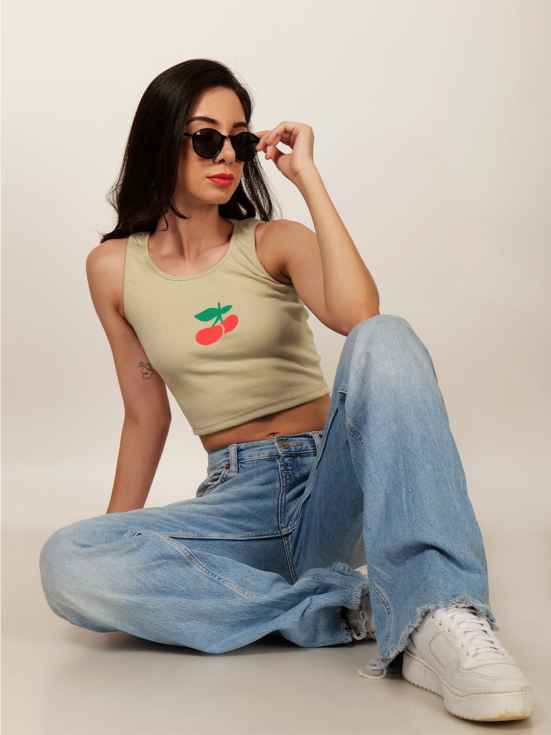 

Fashion And Youth Cherry Printed Cotton Fitted Crop Top, Beige