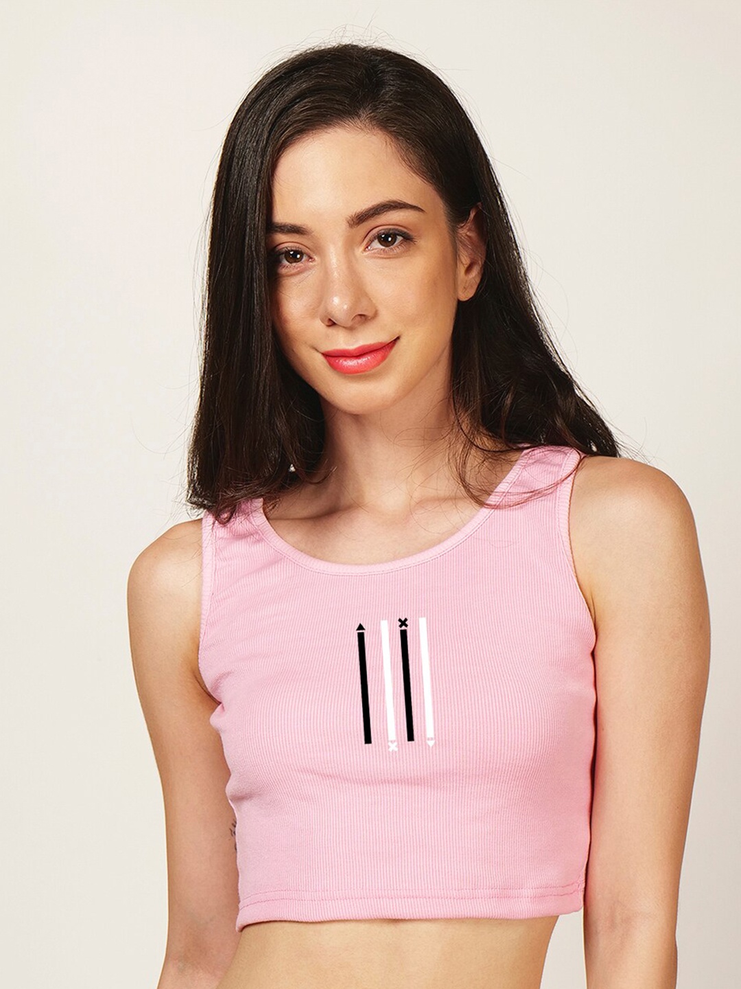 

Fashion And Youth Geometric Printed Round Neck Fitted Crop Top, Pink