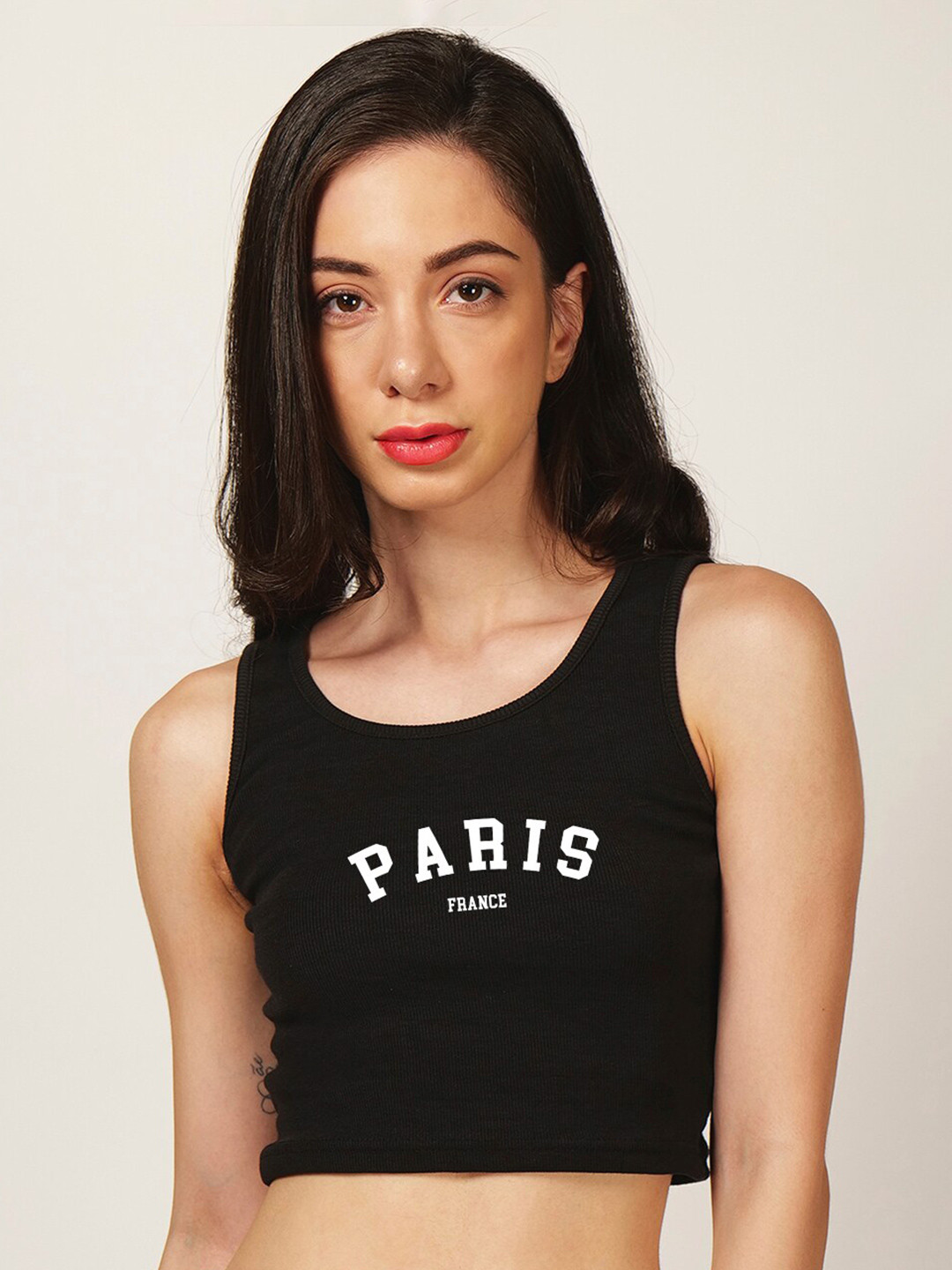 

Fashion And Youth Typography Printed Round Neck Cotton Tank Crop Top, Black