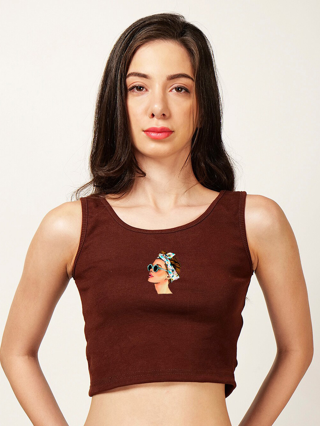 

Fashion And Youth Printed Crop Tank Top, Coffee brown