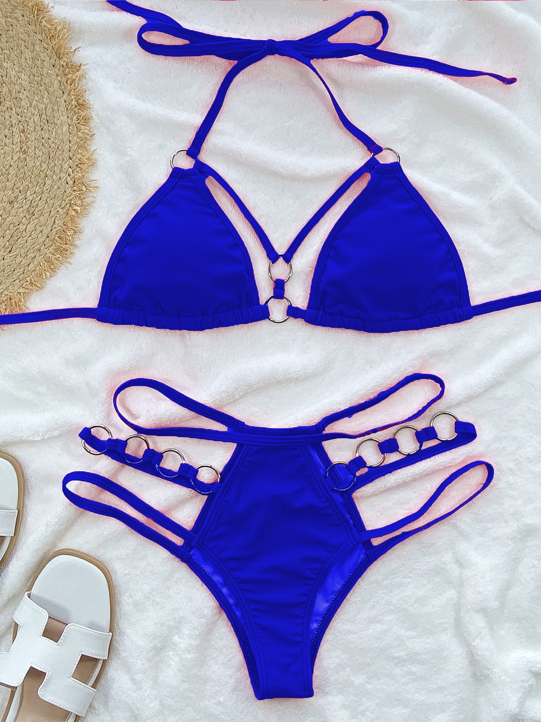 

FIMBUL Metal Ring String Detailed Lingerie Set Bikini, Blue