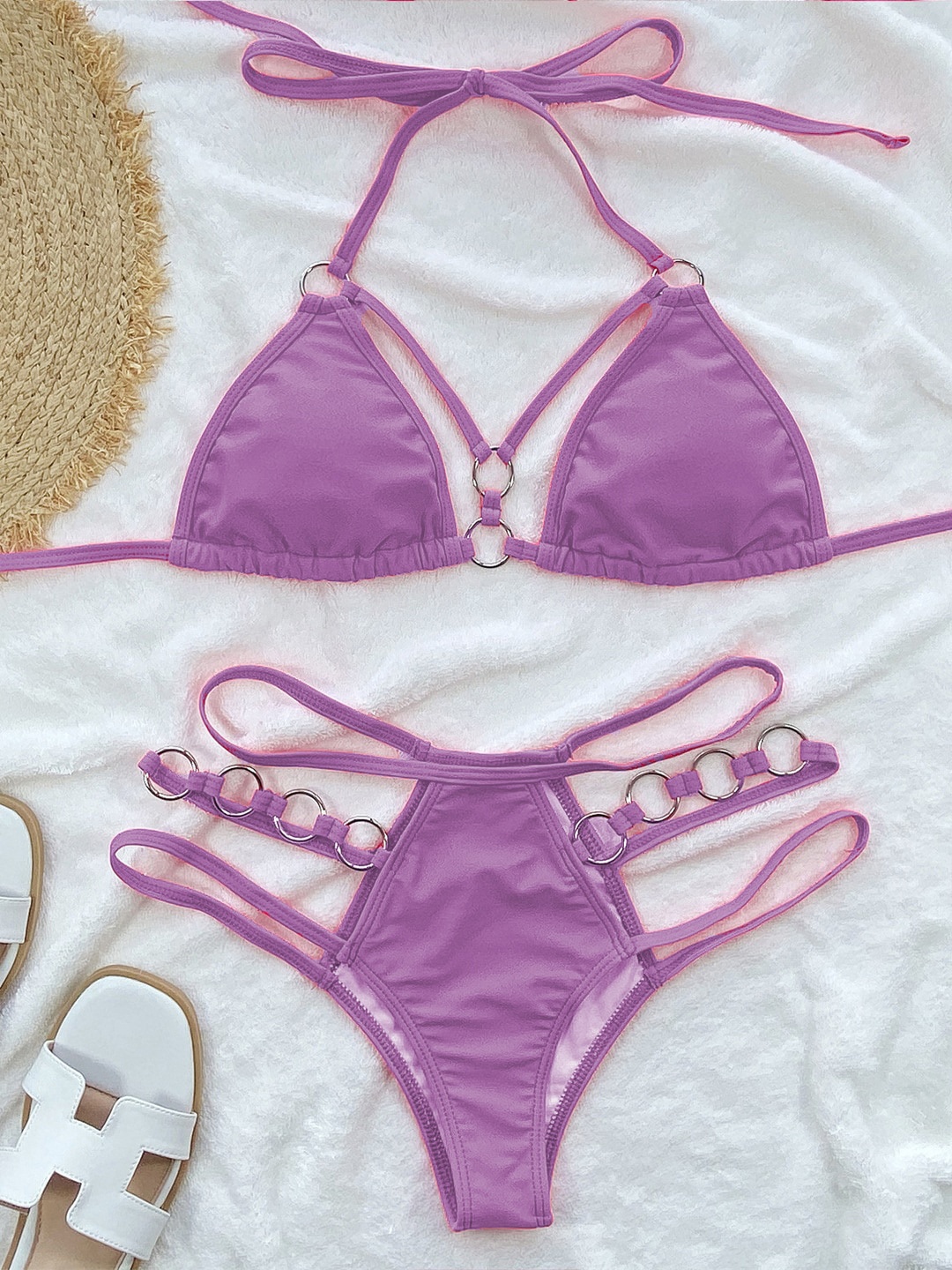

FIMBUL Halter Metal Rings Strappy Bikini Lingerie Set Bikini, Purple