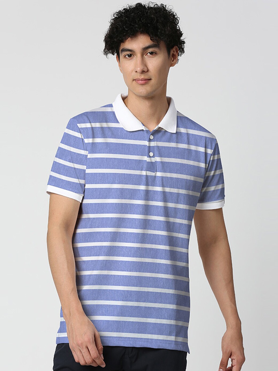 

Wear Your Opinion Striped Polo Collar Pure Cotton T-shirt, Blue