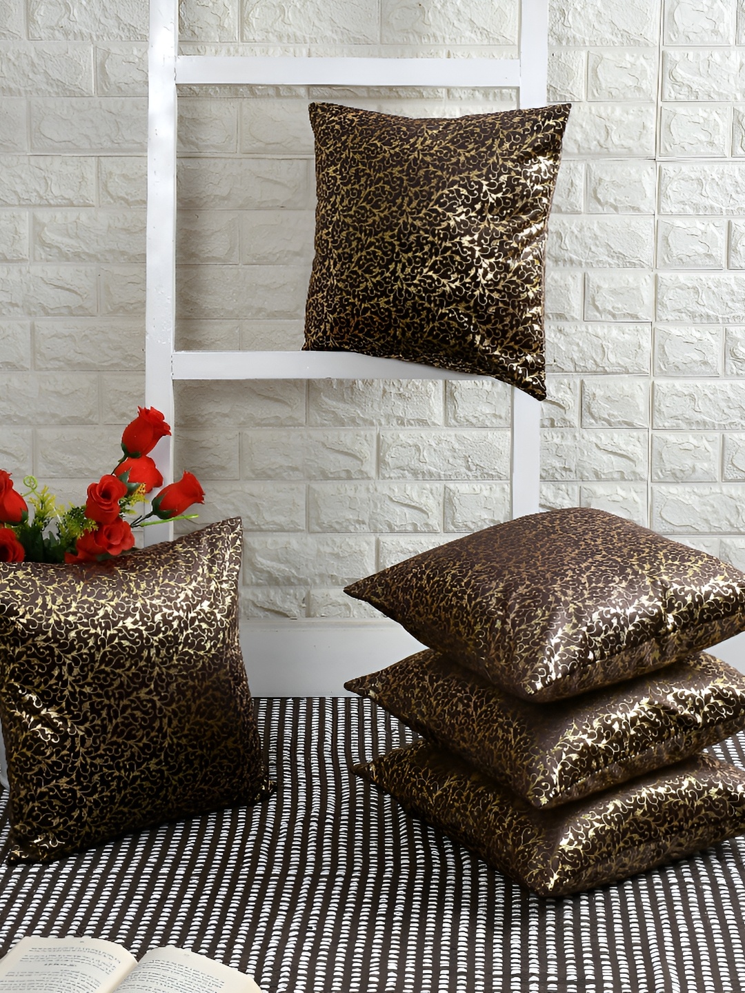 BIGGER FISH Brown & Gold-Toned 5Pcs Self Design Velvet Square Cushion Covers