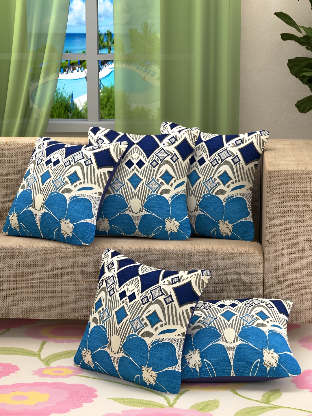 BIGGER FISH Blue 5 Pcs Square Cushion Covers