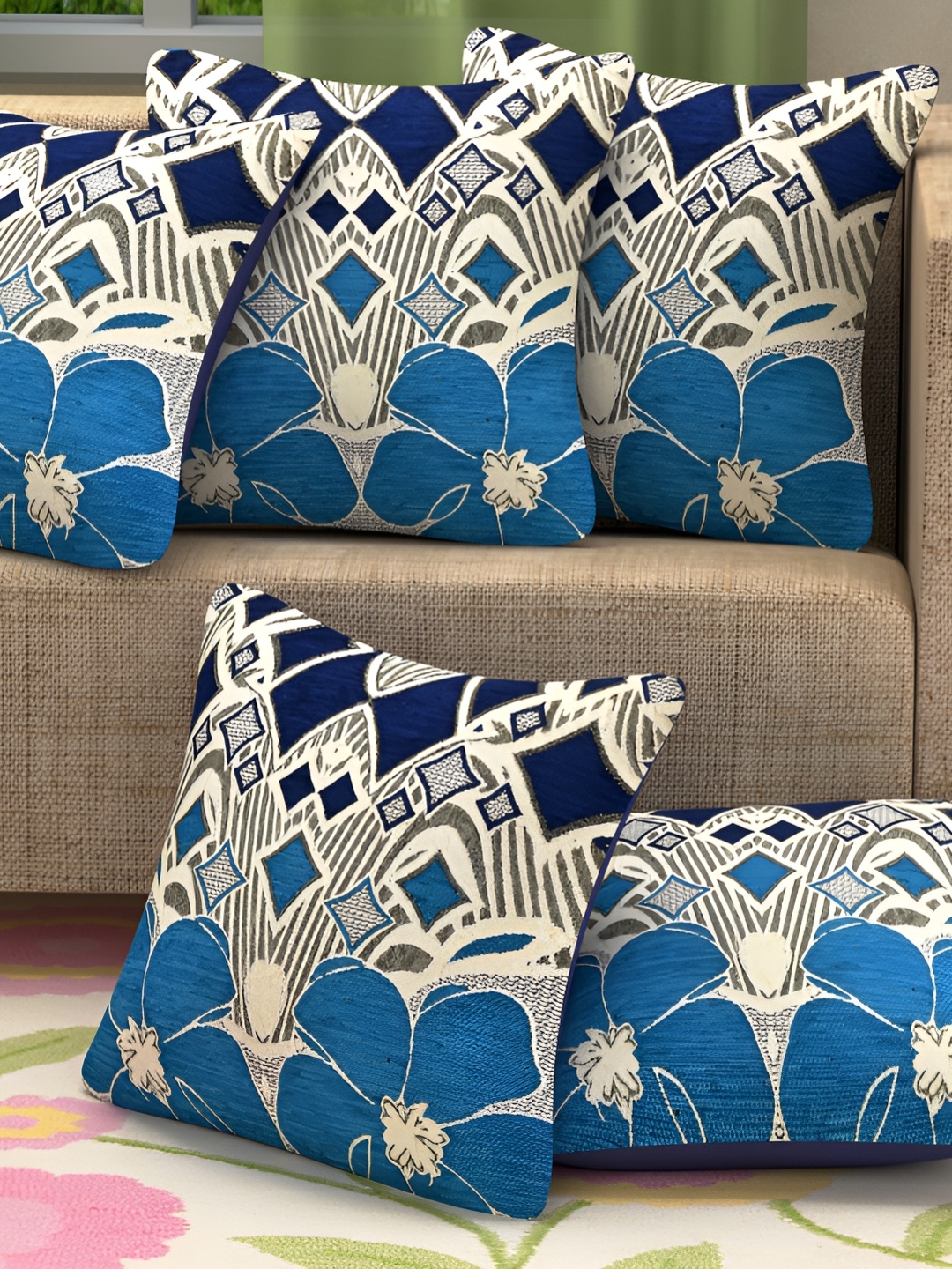 

BIGGER FISH Blue 5 Pieces Floral Cotton Square Cushion Covers