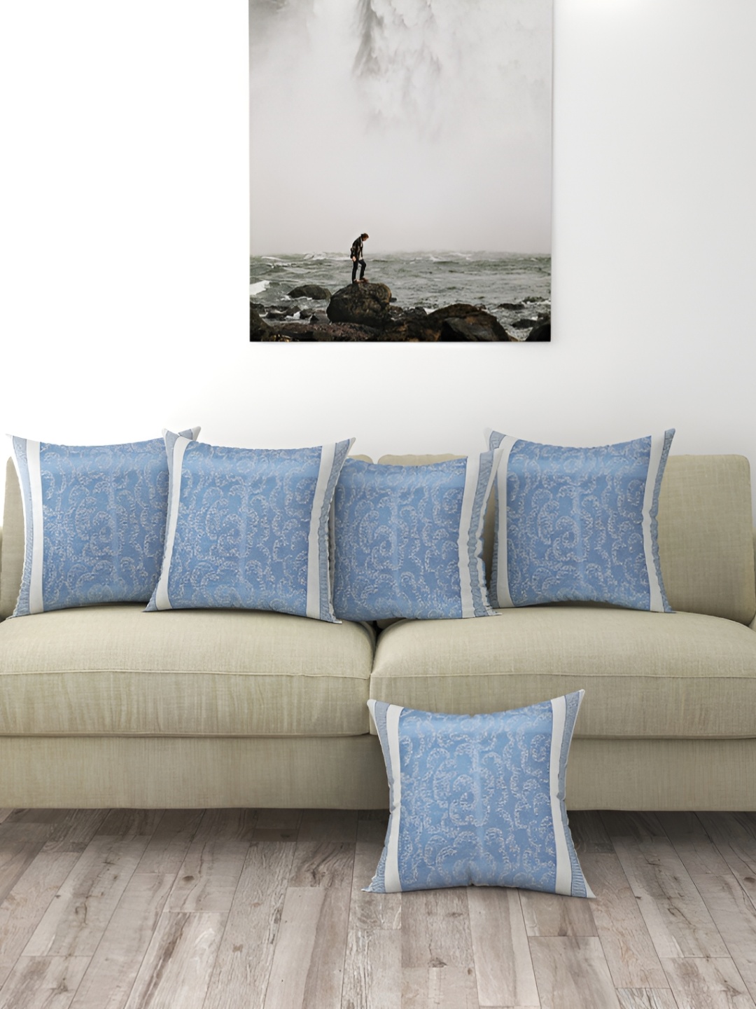 

BIGGER FISH Blue 5 Pieces Printed Square Cushion Covers