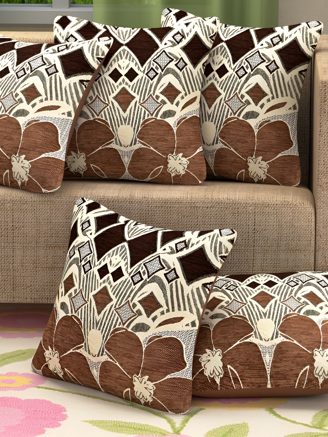 

BIGGER FISH Brown & White 5 Pieces Floral Cotton Square Cushion Covers