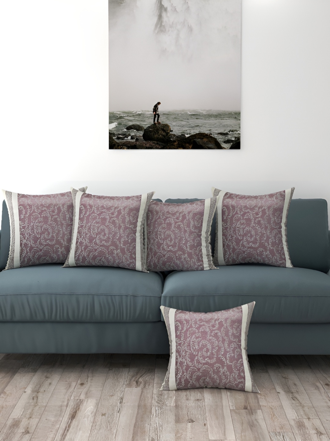 

BIGGER FISH Maroon & White 5 Pieces Self Design Square Cushion Covers