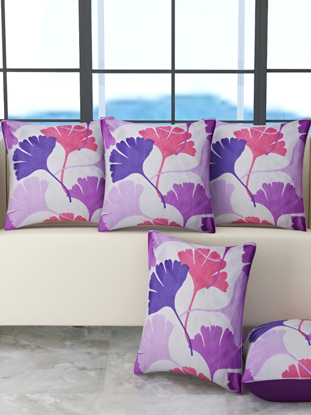 BIGGER FISH Purple & White 5 Pieces Printed Square Cushion Covers