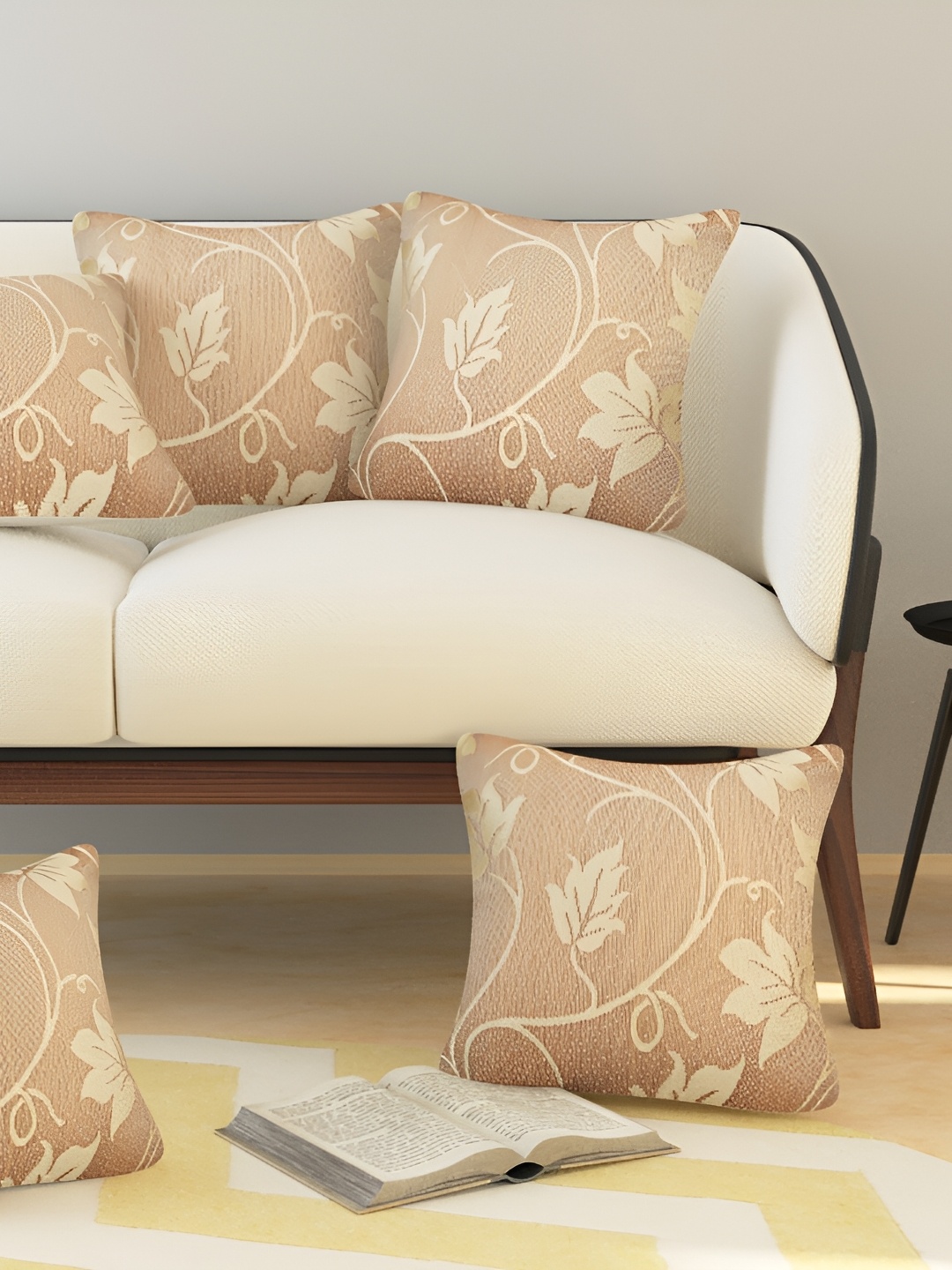 

BIGGER FISH Peach & White 5 Pieces Floral Cotton Square Cushion Covers