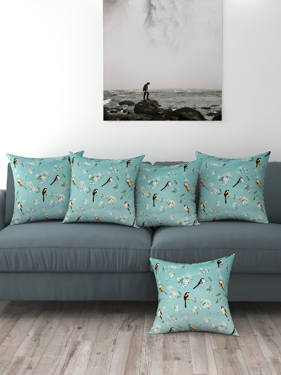 BIGGER FISH Blue & White 5 Pieces Printed Velvet Square Cushion Covers