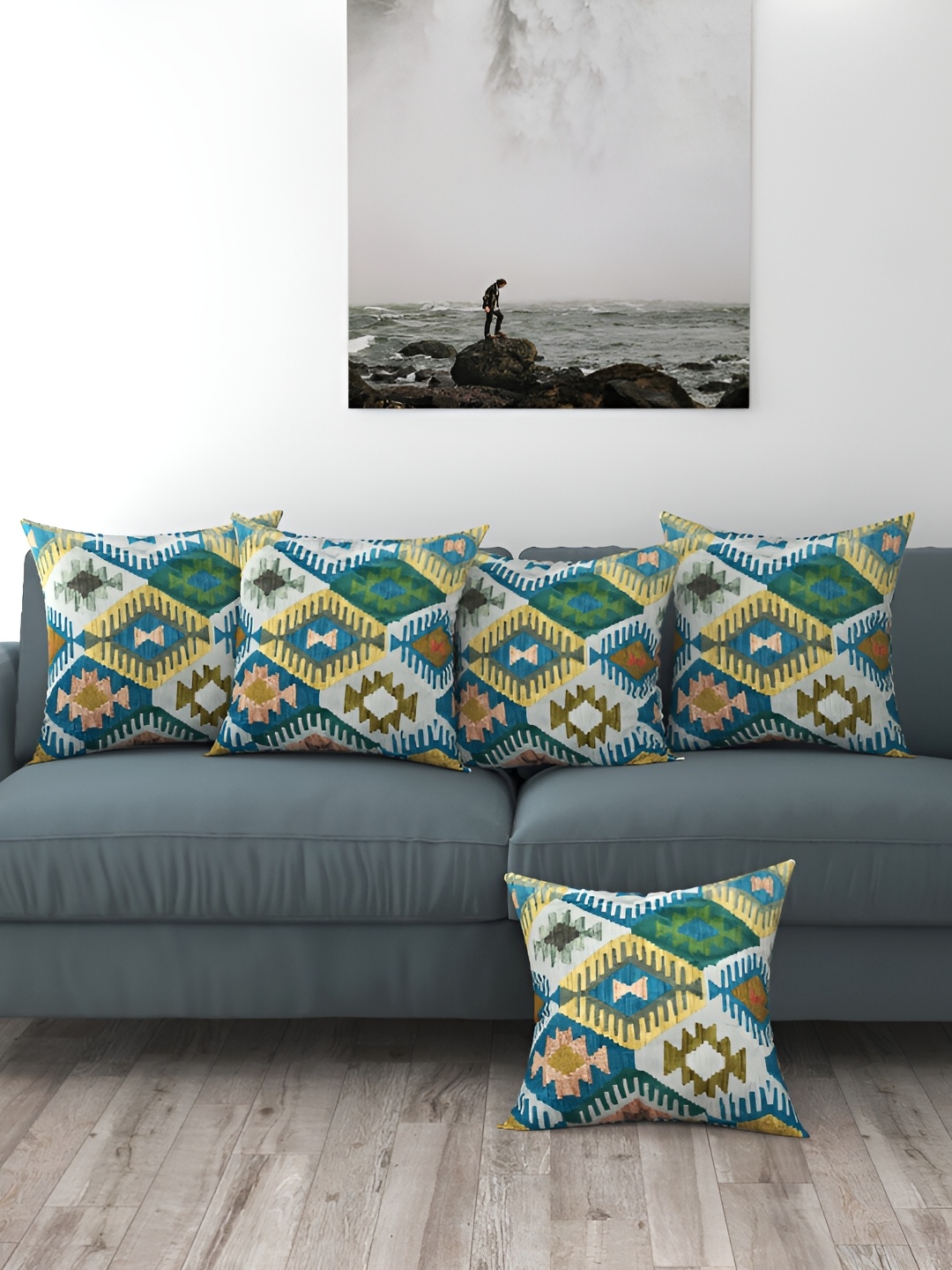 

BIGGER FISH Blue 5 Pcs Square Cushion Covers