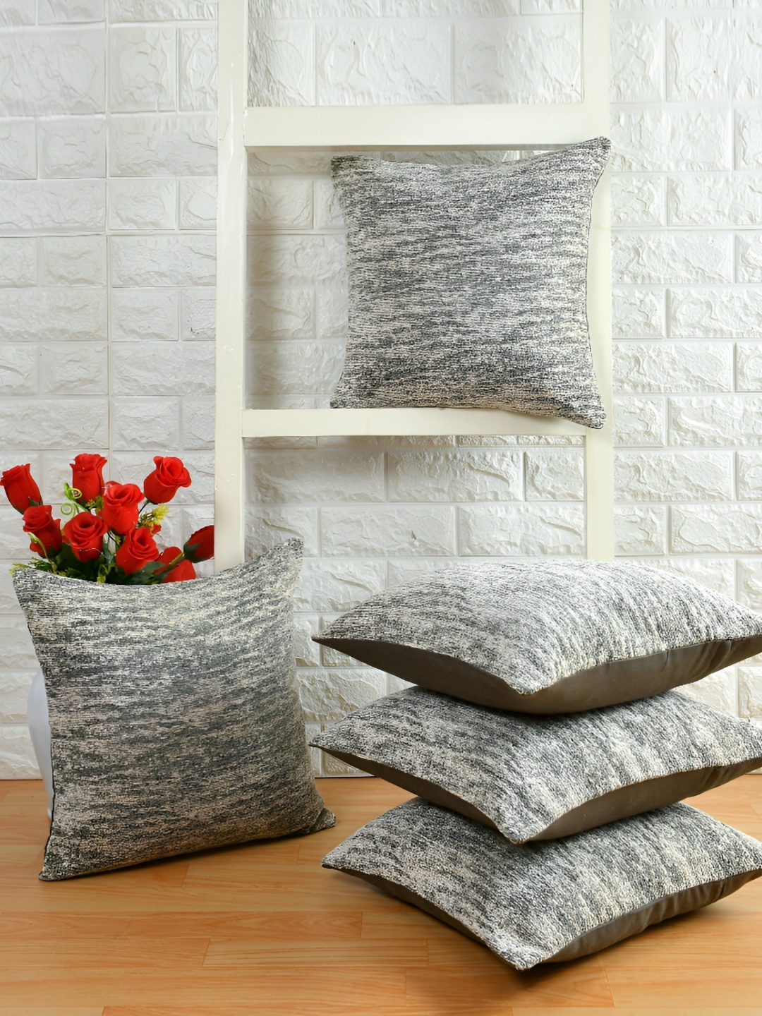 

BIGGER FISH Grey & Blue 5Pcs Self Design Cotton Square Cushion Covers