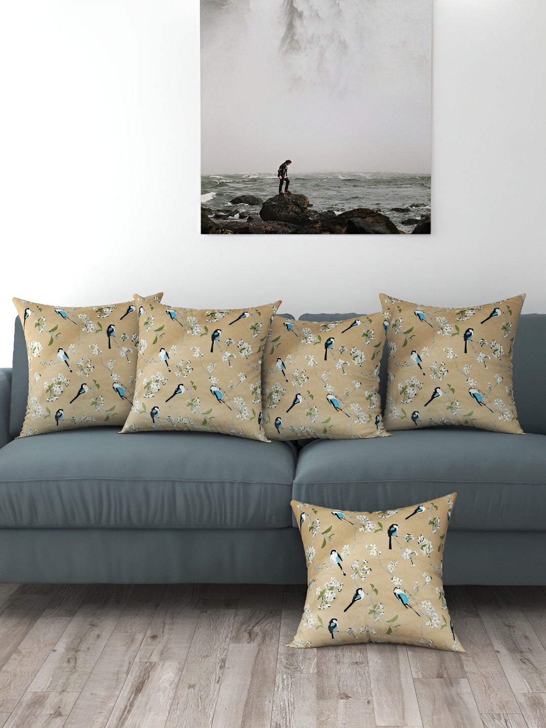 

BIGGER FISH Brown & White 5 Pieces Printed Velvet Square Cushion Covers