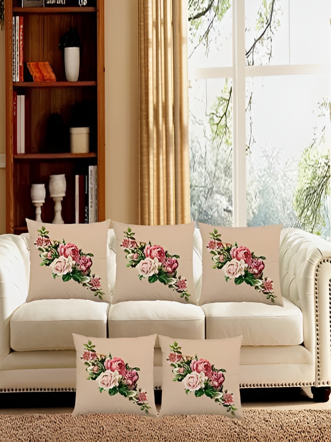BIGGER FISH Beige & Green 5Pcs Floral Square Cushion Covers