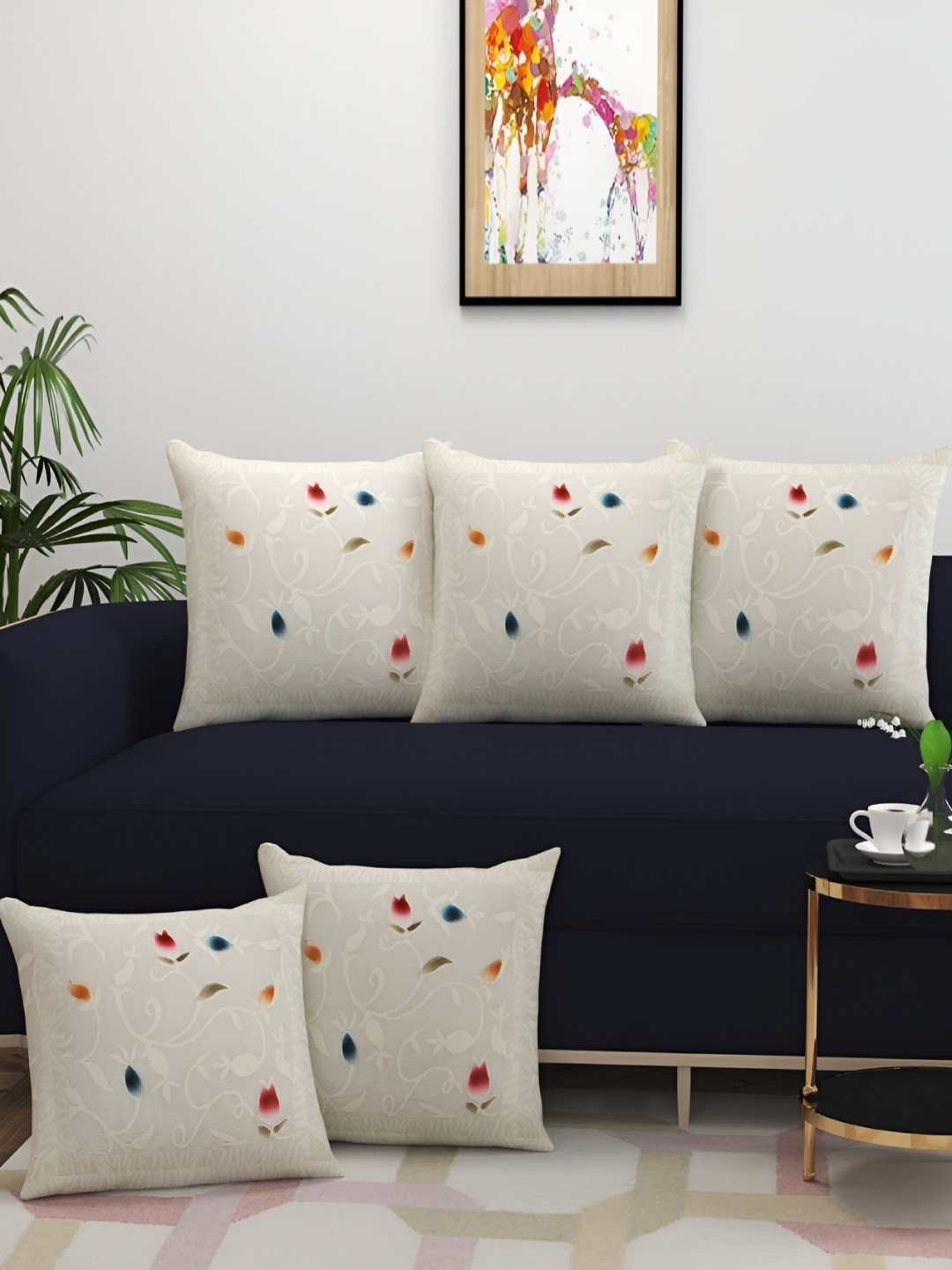 

BIGGER FISH Cream & Red 5Pcs Self Design Square Cushion Covers