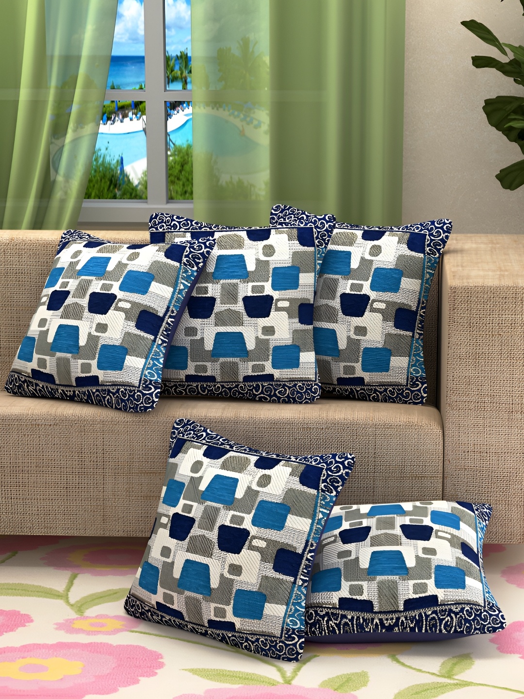 

BIGGER FISH Blue 5 Pieces Abstract Cotton Square Cushion Covers