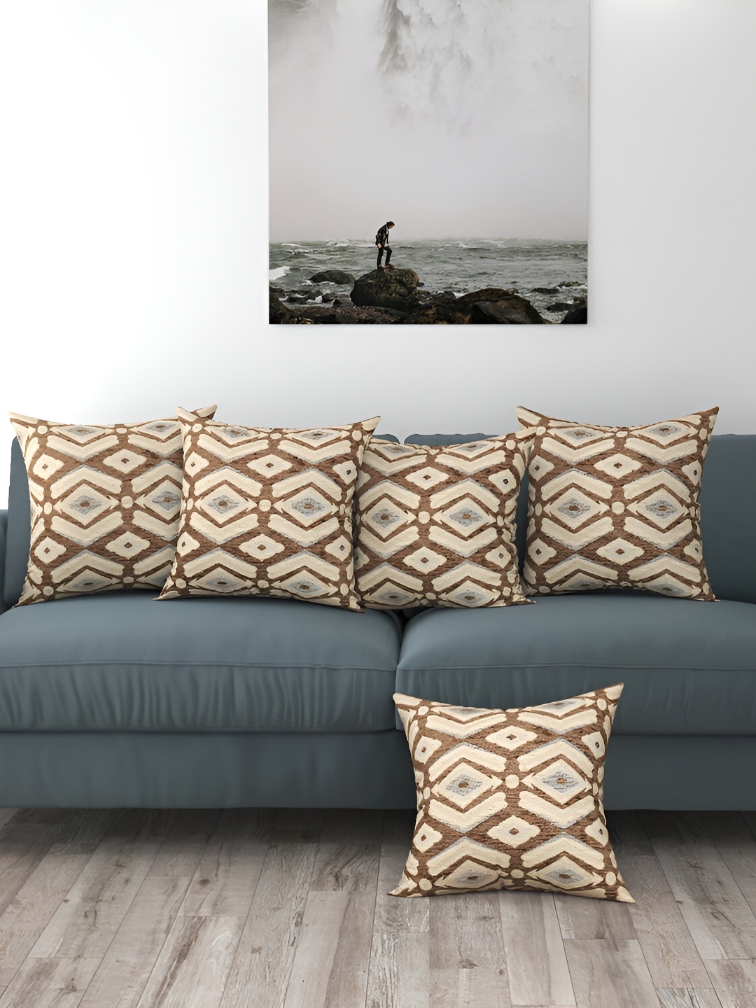 BIGGER FISH Brown 5 Pcs Square Cushion Covers