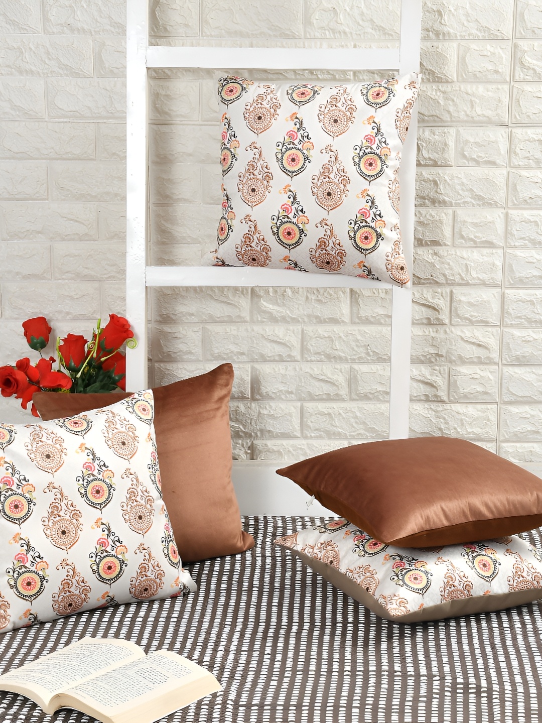 BIGGER FISH Brown & Green 5Pcs Ethnic Motifs Velvet Square Cushion Covers