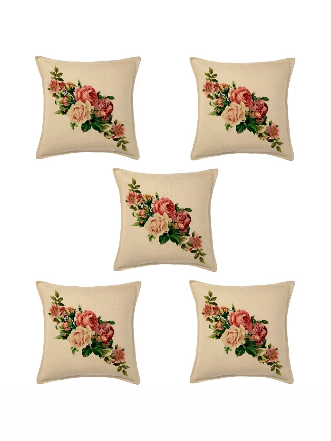 

BIGGER FISH Beige & Green 5Pcs Floral Square Cushion Covers