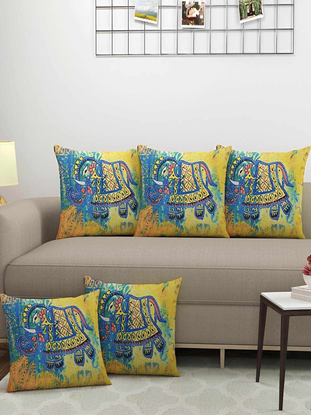 

BIGGER FISH Yellow & Blue 5Pcs Ethnic Motifs Square Cushion Covers